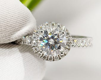 Halo Engagement Ring, Round Cut Moissanite Diamond Wedding Ring For Women, Solid White Gold Luxury Anniversary Gift