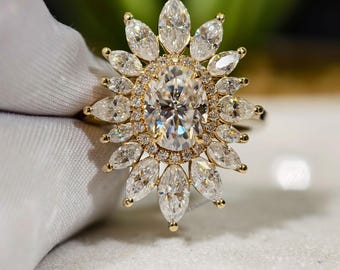 Dubble Halo Oval Cut Moissanite Sunburst Engagement Ring, Cluster Wedding Ring, 18K Solid Gold Handmade Ring For Her