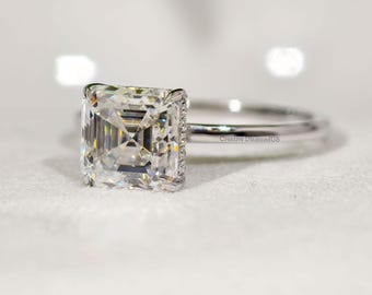 3 Carat Asscher Cut Moissanite Engagement Ring, Four Claw Prong Set Solitaire Hidden Halo Anniversary Ring, 14K Gold Elegant Proposal Ring
