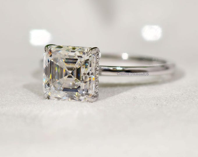 3 Carat Asscher Cut Moissanite Engagement Ring, Four Claw Prong Set Solitaire Hidden Halo Anniversary Ring, 14K Gold Elegant Proposal Ring