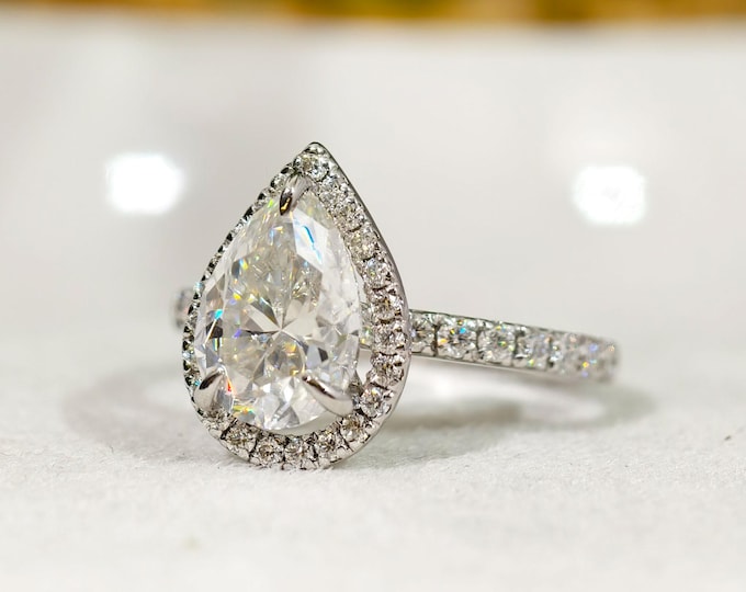 Pear Cut Moissanite Engagement Ring, Teardrop Halo Wedding Proposal Ring, Elegant Claw Prong Set Anniversary Ring, Unique Handmade Jewelry