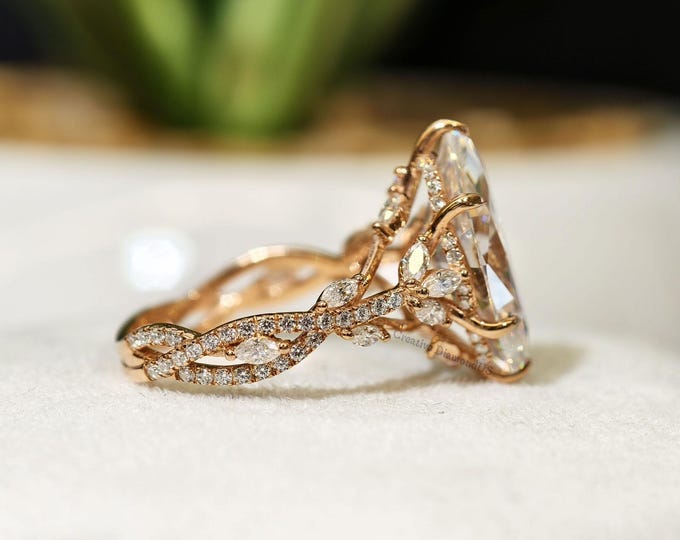 Marquise Cut Lab Grown Diamond Engagement Ring, Floral Leaf & Vine Cluster Art Deco Wedding Ring, Nature Inspired Solid Gold Bridal Jewelry