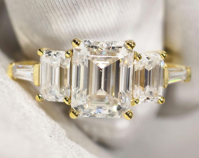 Five Stone Moissanite Wedding Ring, 2.50 CT Emerald Cut Colorless Diamond Engagement Ring, Modern Anniversary Gift, Daily Wear Proposal Ring