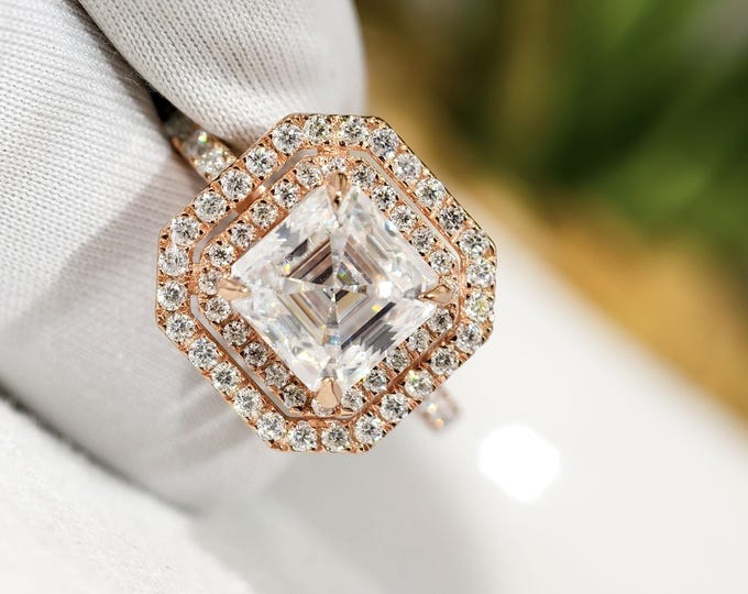 Double Halo Ring, 2 CT Asscher Cut Moissanite Diamond Engagement Ring, 14K Solid Gold Luxury Anniversary Ring, Unique Wedding Ring For Her