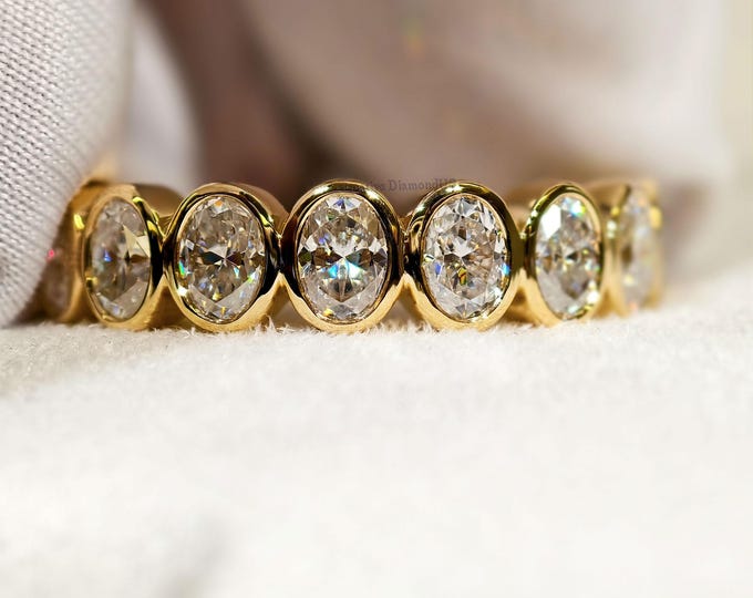 Oval Cut Colorless Moissanite Bezel Set Wedding Band, Half Eternity Stackable Promise Band In 18K Solid Gold, Customized Anniversary Gift