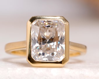 Radiant Cut Moissanite Bezel Set Engagement Ring 14K Gold Stunning Cathedral Shank Anniversary Ring For Women Solitaire Diamond Promise Ring