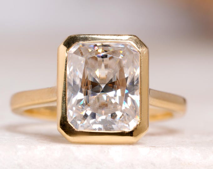 Radiant Cut Moissanite Bezel Set Engagement Ring 14K Gold Stunning Cathedral Shank Anniversary Ring For Women Solitaire Diamond Promise Ring