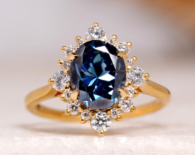 2 CT Oval Cut Blue Moissanite Wedding Ring With Unique Cluster Halo And Decorative Prong Engagement Ring, Anniversary Gift For Her