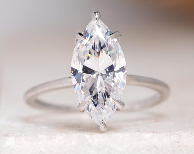 2 CT Marquise Cut Moissanite Engagement Ring, Six Claw Prong Solitaire Proposal Ring, Solid 14k White Gold Hidden Halo Wedding Ring
