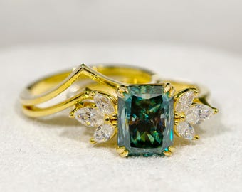 Radiant Cut Teal Green Moissanite Bridal Ring Set, Radiant Cut Moissanite Cluster Ring With Gold Mtaching Band, Bridal Jewelry For Her