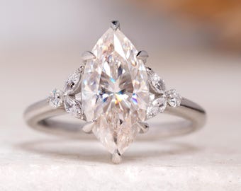 Marquise Cut Moissanite Cluster Engagement Ring, Unique Art Deco Anniversary Ring, 14K Solid White Gold Promise Ring, Custom Wedding Jewelry
