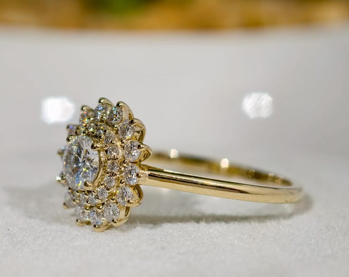 Floral Halo Moissanite Wedding Ring, 0.50 CT Round Cut Double Halo Promise Ring, 14K Solid Yellow Gold Luxurious Anniversary Gift For Wife