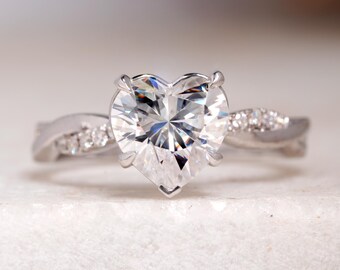 Heart Shape 2 CT Moissanite Wedding Ring, Rope Band 14k Solid White Gold Engagement Ring, Twisted Shank Anniversary Gift, Birthday Gift