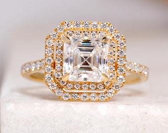 Double Halo Ring, 2 CT Asscher Cut Moissanite Diamond Engagement Ring, 14K Solid Gold Luxury Anniversary Ring, Unique Wedding Ring For Her