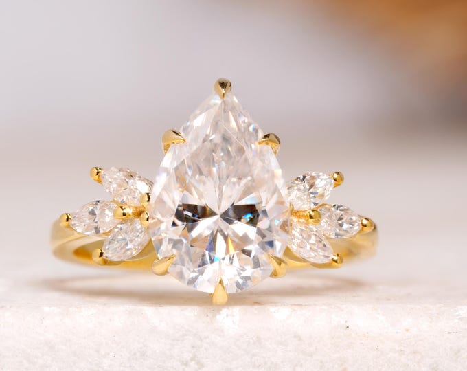 Pear Cut Moissanite Diamond Engagement Ring, Solid Gold Cluster Setting Ring Vintage Style Ring, Beautiful Unique Birthday Gift Ring For Her