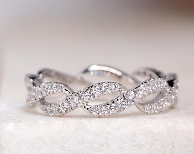 Round Cut Moissanite Twisted Wedding Band Infinity Style Half Eternity Stackable Proposal Band Micro Pave Customized Engagement Band For Her
