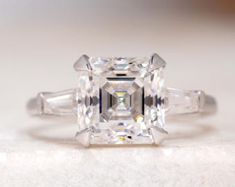 4 CT Asscher Cut Moissanite Engagement Ring, Three Stone Wedding Ring, Four Claw Prong Set 14K Solid Yellow Gold Women's Anniversary Gift