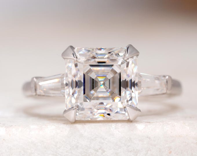 4 CT Asscher Cut Moissanite Engagement Ring, Three Stone Wedding Ring, Four Claw Prong Set 14K Solid Yellow Gold Women's Anniversary Gift
