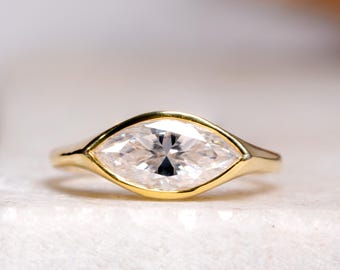 East West Marquise Cut Moissanite Engagement Ring, Horizontal Diamond Bezel Set Wedding Ring, Classic Solitaire Anniversary Gift For Wife
