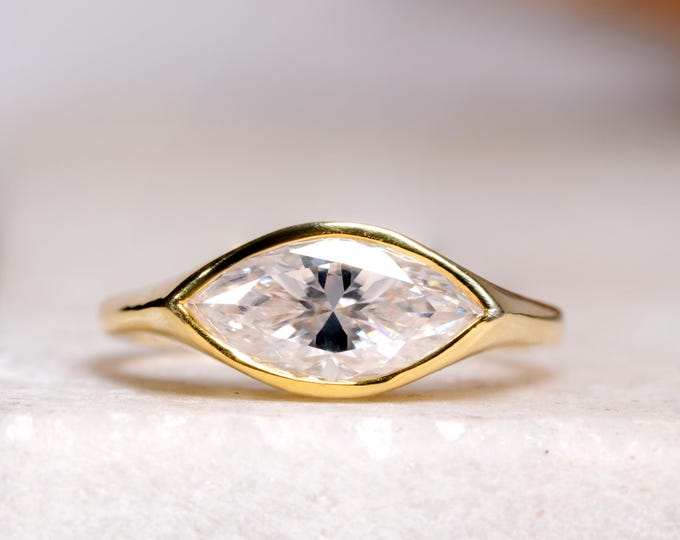 East West Marquise Cut Moissanite Engagement Ring, Horizontal Diamond Bezel Set Wedding Ring, Classic Solitaire Anniversary Gift For Wife