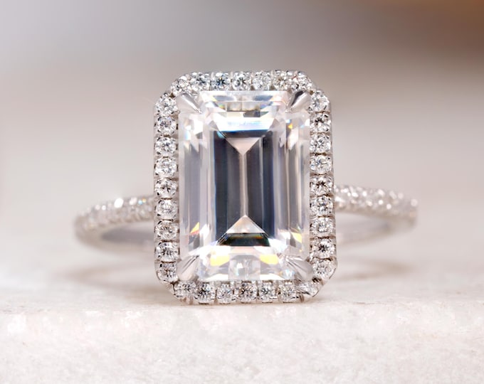 3 CT Emerald Cut Moissanite Solitaire Engagement Ring with Halo & Half Eternity Band, Colorless Moissanite Promise Ring for Her