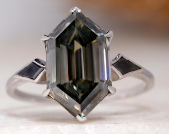 Hexagon Dutch Marquise Step Cut Grey Moissanite Engagement Ring, Three Stone Wedding Ring Side Kite Cut Ring, Luxurious Custom Birthday Gift