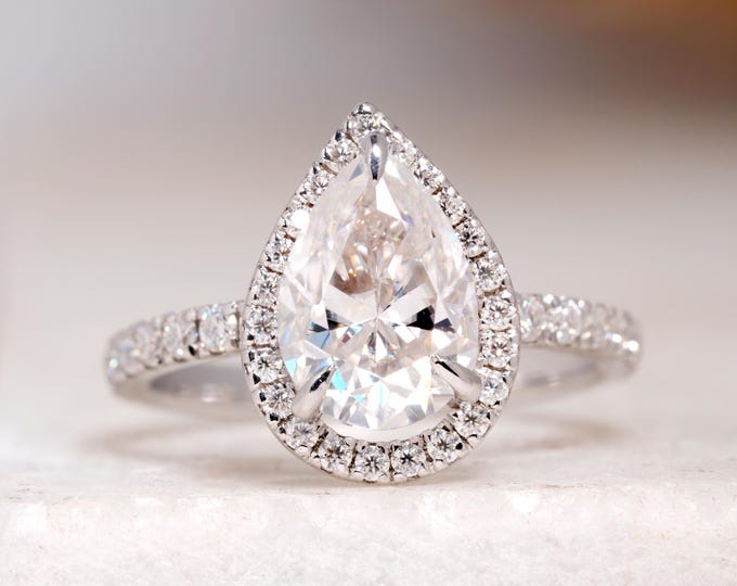 Pear Cut Moissanite Engagement Ring, Teardrop Halo Wedding Proposal Ring, Elegant Claw Prong Set Anniversary Ring, Unique Handmade Jewelry