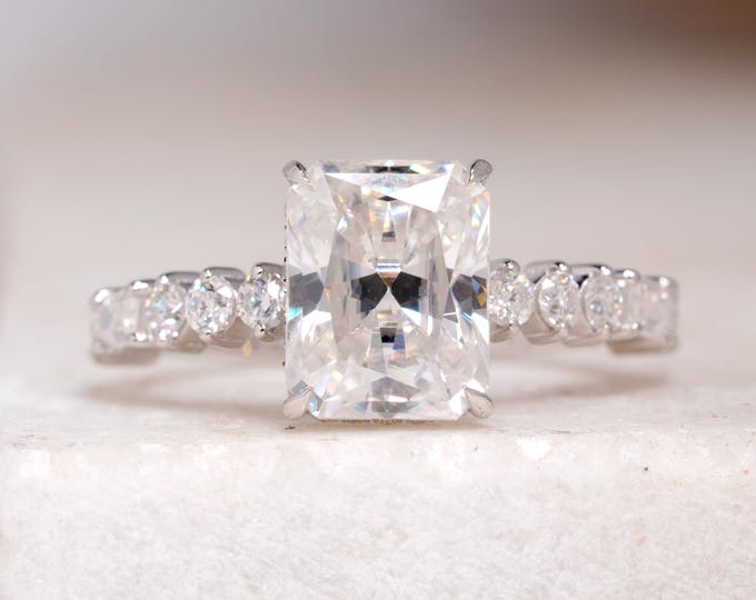 2.50 CT Radiant Moissanite Engagement Ring with Hidden Halo, Side Round and Baguette Cut Solitaire Wedding Ring, Perfect Gift for her.
