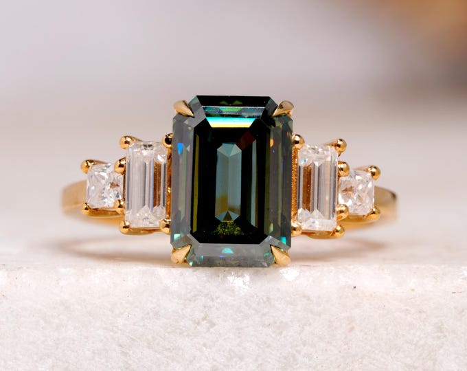 3 CT Green Emerald Cut Five Stone Ring, Emerald Green Moissanite Engagement Ring, Vintage Art Deco Wedding Ring, Classy Anniversary Ring
