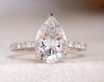 Pear Cut Colorless Moissanite Engagement Ring, Three Claw Prong Pave Setting Anniversary Ring, 14K Solid White Gold Hidden Halo Wedding Ring