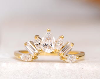 Pear Shape Outline Curved Wedding Band, Teardrop Cut Colorless Moissanite Band, Matching Half Eternity Band, Luxurious Stackable Gold Band
