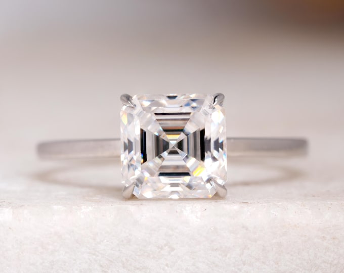 Asscher Cut Solitaire Engagement Ring, Asscher Cut Moissanite Hidden Halo Engagement Ring, Anniversary Gift Ring For Women, promise Ring