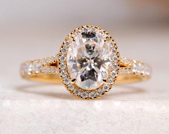 Oval Cut Colorless Moissanite Engagement Ring, Pave Split Shank Wedding Ring, 14K Gold Anniversary Gift, Designer Halo Style Celebrity Ring
