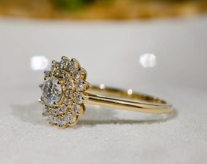 Round Cut Moissanite Engagement Ring, Double Halo Wedding Ring In Solid Yellow Gold, Vintage Style Starburst Art Deco Halo Anniversary Gift