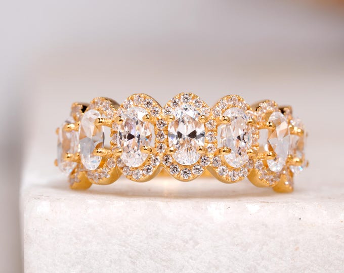 Half Eternity Moissanite Wedding Band in Sterling Silver | Luxurious Oval Cut Cluster Ring for Her, Perfect Gift
