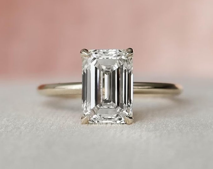 Hidden Halo Emerald Cut Solitaire Moissanite Diamond Engagement Ring, 14K Gold Moissanite Promise Ring, Emerald Moissanite Anniversary Ring