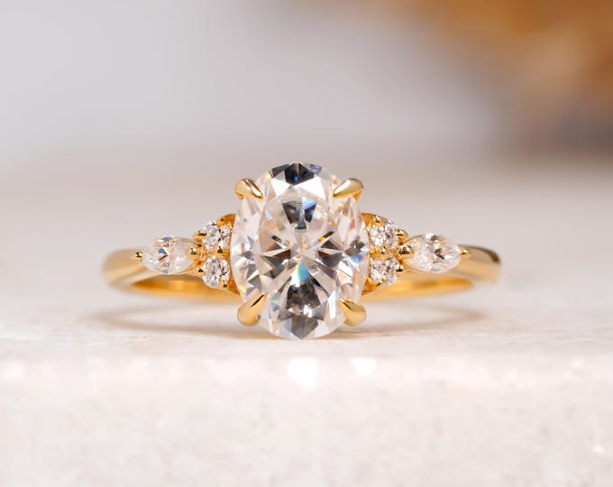 Oval Cut Moissanite Engagement Ring, 14K Solid Gold Cluster Wedding Ring, Four Claw Prong Set Affordable Luxurious Anniversary Ring For Her