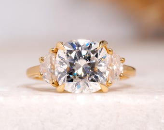 4 CT Cushion Cut Moissanite Three Stone Engagement Ring for Women Side Half Moon Diamond Wedding Ring Affordable Customized Anniversary Gift
