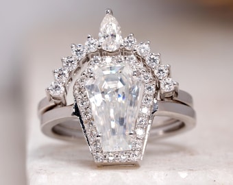 Coffin Cut Moissanite Bridal Ring Set, Halo Ring With Curved Matching Band For Her, Classic Wedding Ring Set, Sparkling Anniversary Gift