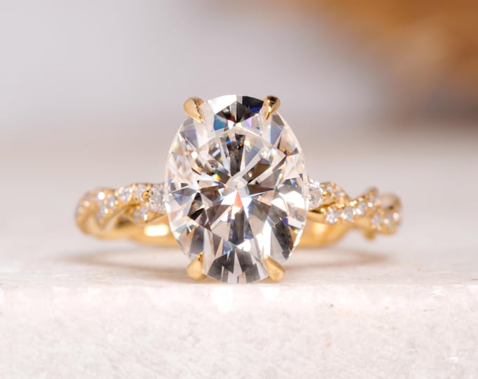 4 CT Oval Cut Moissanite Diamond Engagement Ring, Solid Yellow Gold Dainty Twisted Shank Anniversary Ring, Art Deco Handmade Bridesmaid Ring