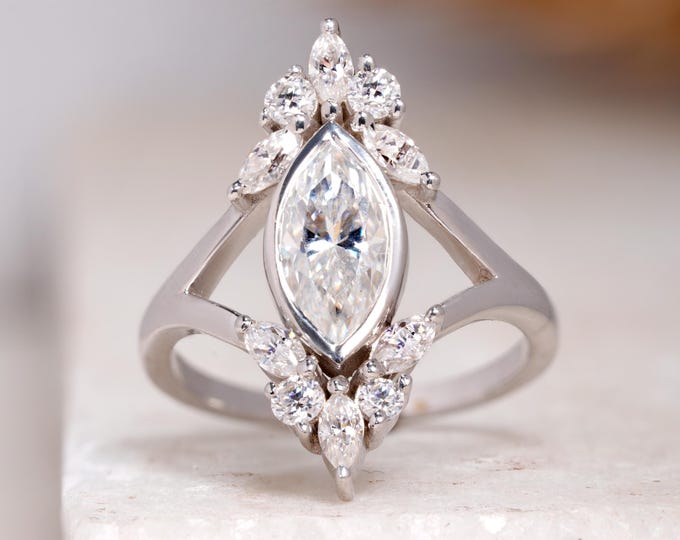 Marquise Moissanite Bezel Set Ring, Cluster Diamond Ring, Split Shank Engagement Ring for Her, Side Marquise And Round Stone Classic Ring