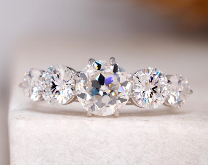 Old European Cut Five Stone Moissanite Ring, Five Stone Round Cut Moissanite Engagement Ring, Unique Prong Set Anniversary Ring Gift For Her