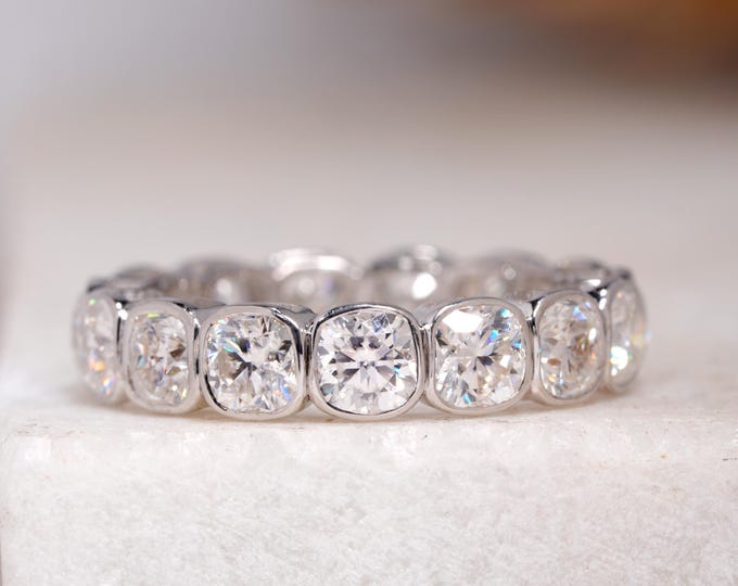 Forever Cushion Cut Wedding Band, Bezel Set Moissanite Band, Full Eternity Diamond Band, Stacking Matching Band, Bridesmaid Gift