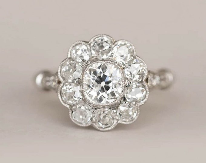 Cushion Old European Cut Engagement Ring, Art Deco Ring, Milgrain Bezel Set Ring Floral Halo Wedding Ring Cluster Halo Anniversary Gift Ring