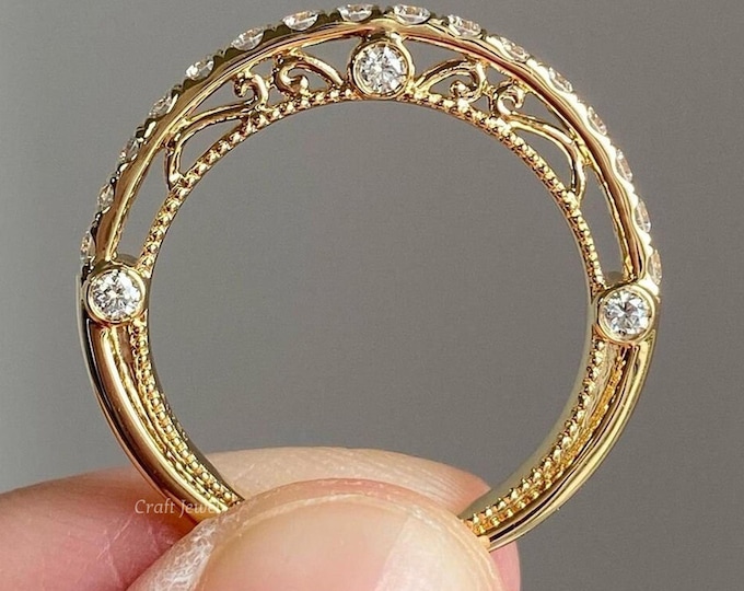 Antique Art Deco Wedding Bands Women, Vintage Milgrain Band, Filigree Anniversary Band Ring, Unique Stackable Rings, Bridal Matching Band
