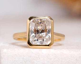 Radiant Cut Moissanite Bezel Set Engagement Ring 14K Gold Stunning Cathedral Shank Anniversary Ring For Women Solitaire Diamond Promise Ring
