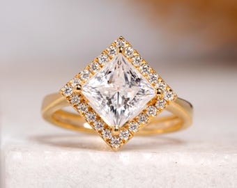 East West Princess Cut Moissanite Diamond Engagement Ring, Yellow Gold Cathedral Setting Halo Proposal Ring, Unique Designer Customized Ring