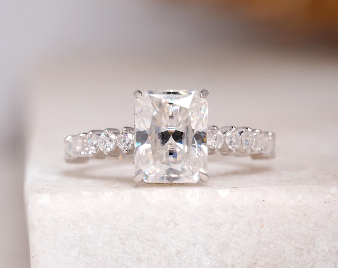 2.50 CT Radiant Cut Moissanite Engagement Ring, Hidden Halo Wedding Ring, Side Round And Baguette Diamond Pave Anniversary Gift For Wife