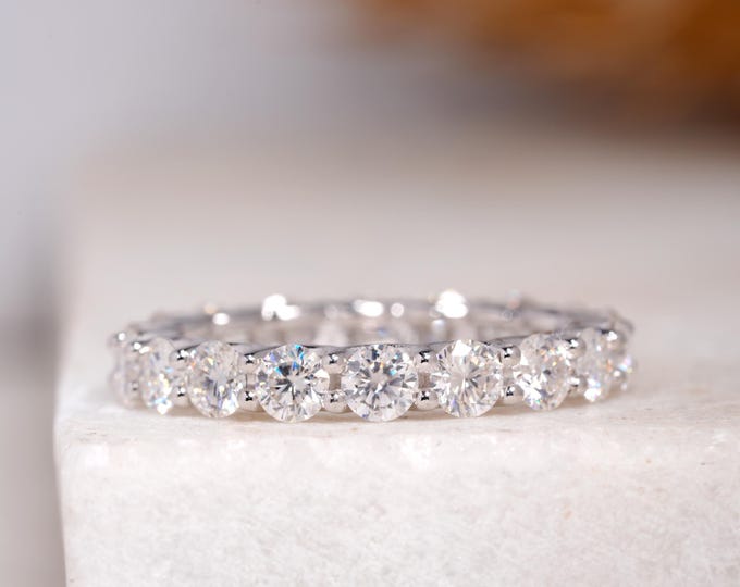Round Brilliant Cut Moissanite U Prong Setting Wedding Band, Full Eternity Stackable Matching Band For Engagement Ring, Minimal Promise Band
