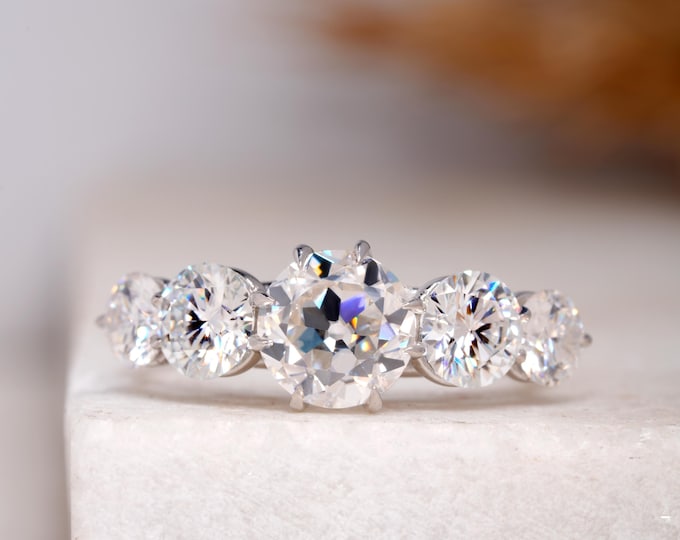 Old European Round Cut Moissanite Five Stone Engagement Ring, Vintage Style Trellis Setting Wedding Ring, Luxurious Gold Anniversary Gift